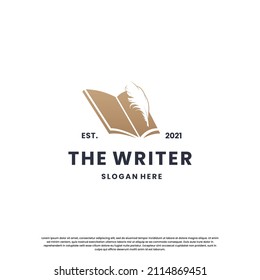 classic writer logo design. author logo feather with book combination.