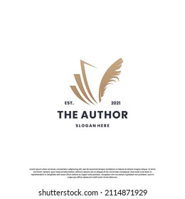 classic writer logo design. author logo feather with book combination.