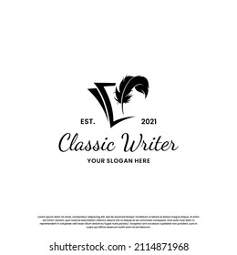 classic writer logo design. author logo feather with book combination.