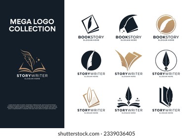 Classic writer logo design. Quill pen with book logo collection.