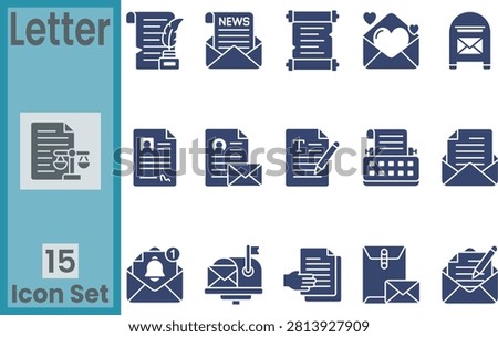 Classic writing and newsletter correspondence solid glyph vector icon set with typewriter, resume document, scroll with quill pen, mail envelope, and office folder elements
