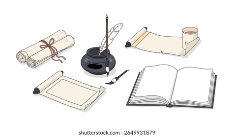 Classic writing tools featuring scrolls inkwell pen and open book illustration
