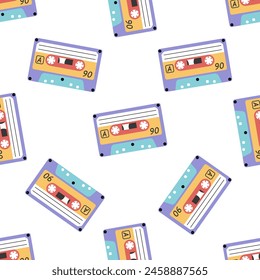 Classic y2k, 90s and 2000s aesthetic. Flat style audio cassette, vintage seamless pattern. Hand-drawn vector illustration. 