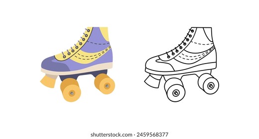Classic y2k, 90s and 2000s aesthetic. Flat outline style retro quad roller skates, vintage element. Hand-drawn vector illustration. Patch, sticker, badge, emblem.