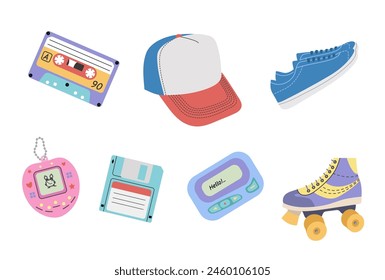 Classic y2k, 90s and 2000s aesthetic. Flat style set of vintage elements.  Hand drawn vector illustration. Patch, sticker, badge, emblem.