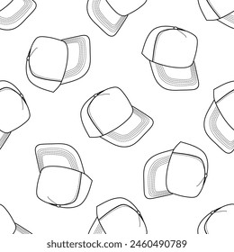 Classic y2k, 90s and 2000s aesthetic. Outline style cap, baseball cap, vintage seamless pattern. Hand-drawn vector illustration.