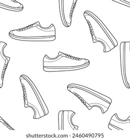 Classic y2k, 90s and 2000s aesthetic. Outline style sneakers, sports shoes, vintage seamless pattern. Hand-drawn vector illustration.