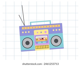 Classic y2k, 90s and 2000s aesthetic. Flat style retro boombox, audio recorder, vintage element. Hand-drawn vector illustration on background of checkered notebook sheet. 