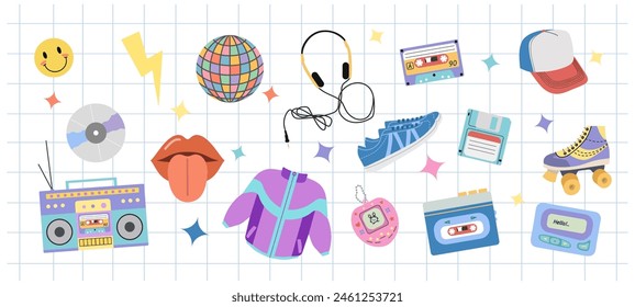 Classic y2k, 90s and 2000s aesthetic. Flat style set of vintage elements. Hand-drawn vector illustration on background of checkered notebook sheet. Patch, sticker, badge, emblem.