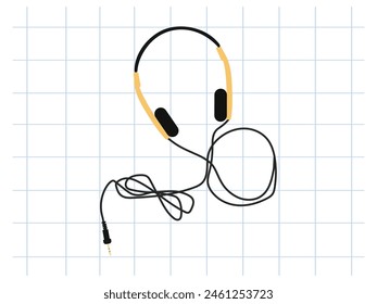 Classic y2k, 90s and 2000s aesthetic. Flat style retro headphones, vintage element. Hand-drawn vector illustration on background of checkered notebook sheet. Patch, sticker, badge, emblem.