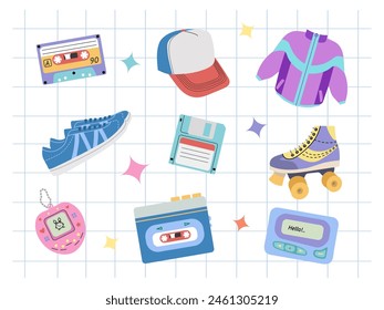 Classic y2k, 90s and 2000s aesthetic. Flat style set of vintage elements. Hand-drawn vector illustration on background of checkered notebook sheet. Patch, sticker, badge, emblem.