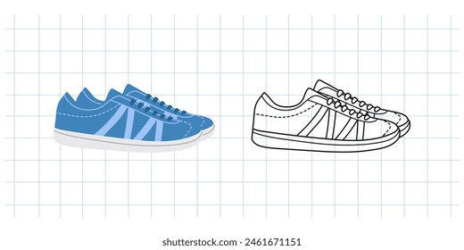 Classic y2k, 90s and 2000s aesthetic. Flat and outline style retro sneakers, sneakers, sports shoes, vintage element. Hand-drawn vector illustration on background of checkered notebook sheet.
