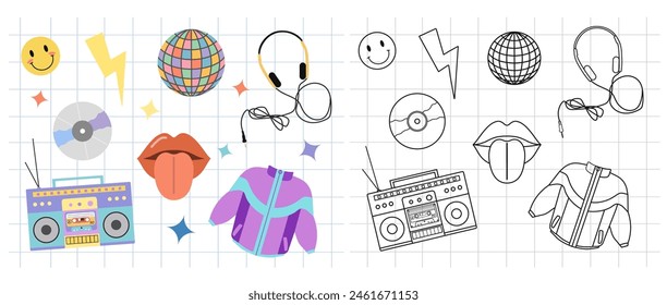 Classic y2k, 90s and 2000s aesthetic. Flat and outline style set of vintage elements. Hand-drawn vector illustration on background of checkered notebook sheet. Patch, sticker, badge, emblem.	