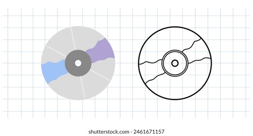 Klassische y2k, 90er und 2000er Jahre ästhetisch. Flache und umrissene Retro-CD, Compact Disc, Vintage-Element. Handgezeichnete Vektorillustration auf dem Hintergrund des karierten Notizbuches.