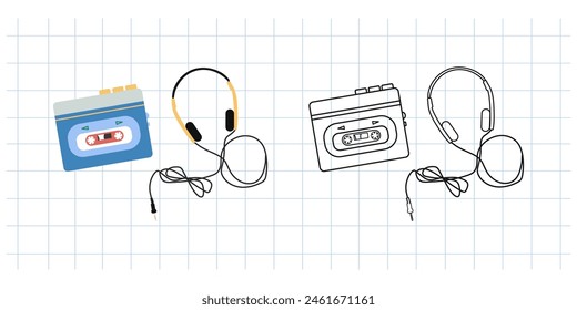 Classic y2k, 90s and 2000s aesthetic. Flat and outline style retro headphones and cassette player, vintage element. Hand-drawn vector illustration on background of checkered notebook sheet.