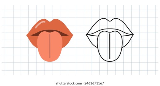 Classic y2k, 90s and 2000s aesthetic. Flat and outline style open mouth with tongue out, vintage element. Hand-drawn vector illustration on background of checkered notebook sheet.