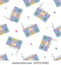 Classic y2k, 90s and 2000s aesthetic. Flat style retro boombox, audio recorder, vintage seamless pattern. Hand-drawn vector. 