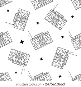 Classic y2k, 90s and 2000s aesthetic. Outline style retro boombox, audio recorder, vintage seamless pattern.