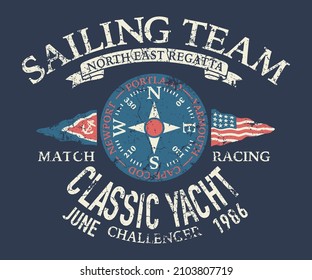 Classic yacht challenger sailing team vintage vector print for kid t shirt grunge effect in separate layer