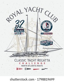 Classic yacht club sailing atlantic regatta vintage print for boy man t shirt with applique nautical badges