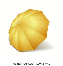 Classic yellow cane umbrella casting soft shadow realistic vector illustration. Bright cover from rain and sunshine 3d object on white background