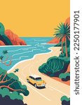 classic yellow car on the beach road vector flat color illustrator poster for wall art print decor