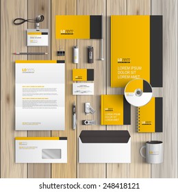 Classic yellow corporate identity template design with black vertical line. Business stationery