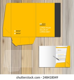 Classic yellow folder template design for corporate identity with black vertical line. Stationery set