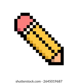 Classic yellow pencil with pink eraser tip in retro 8-bit pixel art style. Ideal for school-themed content, design tools, or nostalgic game elements.