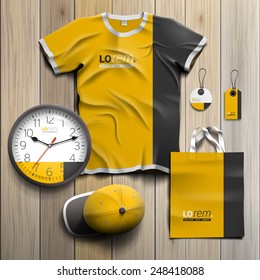 Classic yellow promotional souvenirs design for corporate identity with black vertical line. Stationery set