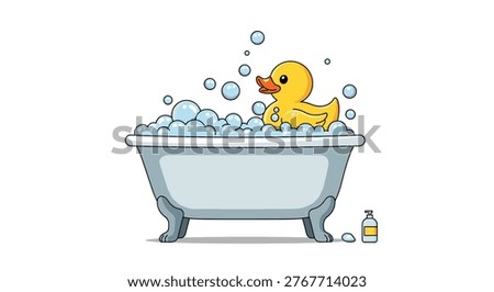 Classic yellow rubber duck floating in a white clawfoot bathtub filled with blue bubbles and soap suds for a fun bath time theme.