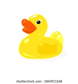 Classic yellow rubber duck with red beak isolated on white background. Cartoon character. Toy animal. Design element for logo, card, t-shirt print, invitation, accessories. Stock vector illustration