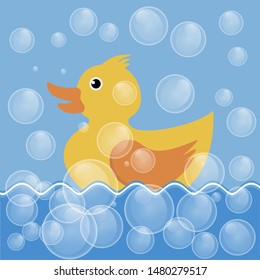 Classic yellow rubber duck in water with bubble, vector illustration. For background and fun