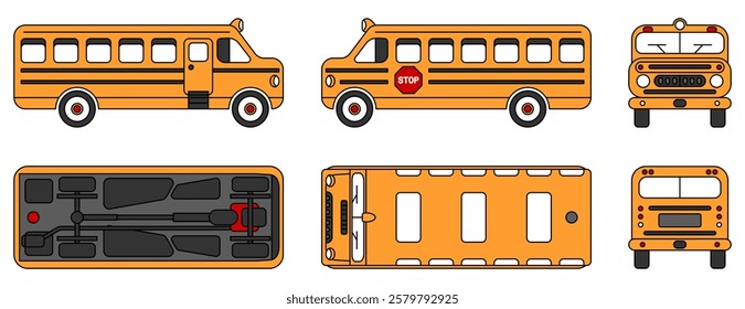 Classic Yellow School Bus Design. City Transport Illustration. Left,Right,Front,Rear,Side Views with the STOP sign. Ready vector design for your projects.