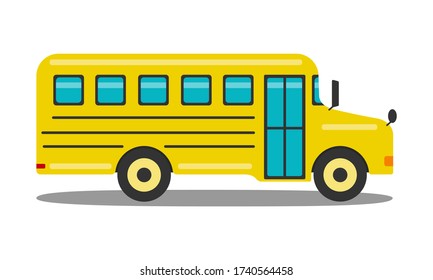 Autobús escolar amarillo clásico aislado de fondo blanco. Ilustración vectorial plana. Vista lateral del vehículo. Elemento de transporte relacionado con la escuela. Volver al elemento de tema escolar