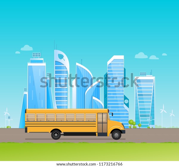 Classic yellow school bus, rides along\
asphalt road on background of urban high-rise buildings. City\
landscape, concept of training, education, modern teaching, school\
activities. Vector\
illustration.