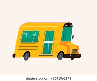 Classic yellow school bus. Side view, cartoon style. Hand-drawn Vector illustration  Ideal for education, transport, and back to school themes. Fun and playful design. Trendy whimsical style