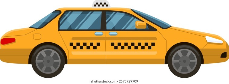 Classic yellow taxi cab featuring distinctive checkered decoration, isolated on a white background, symbolizing urban transportation and efficient passenger service in the city