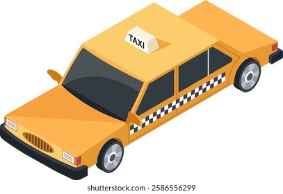 Classic yellow taxi cab waiting for passengers, featuring checkered stripes on its side and a taxi sign on its roof, presented in an isometric view against a clean white background