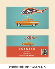 Classic Yellow Taxi In Vintage Style With Rainbow. Business Card Concept