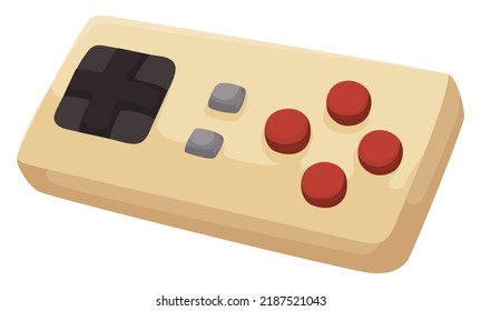 Classic and yellow video game controller, with buttons and Dpad over white background.