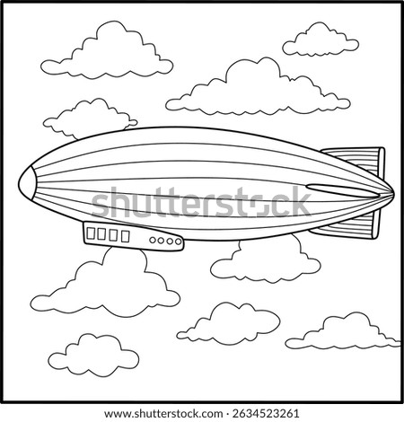 Classic Zeppelin (blimp) coloring page flying through clouds, perfect for kids' printables, aviation history, and air travel illustrations