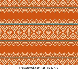 Classic zigzag ikat motif in a refined pixel style with an earthy orange palette. Inspired by tribal weaving for modern textile design.