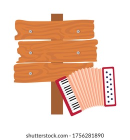 classical accordion with wooden sign post on white background vector illustration design