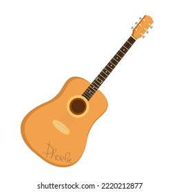 Klassische akustische Gitarre mit der Aufschrift "Phoebe", Musikinstrument, Straßenmusiker von New York, Freunde. Vektorgrafik auf weißem Hintergrund