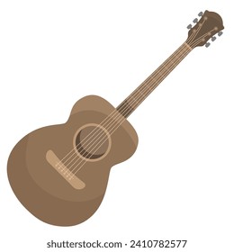 Classical acoustic Guitar. Light wooden six-string guitar. Orchestral musical stringed plucked instrument. Flat drawing style. Isolated on a white background.