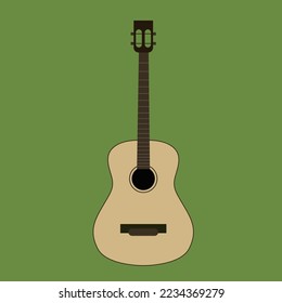 Classical acoustic guitar on green background. String musical instruments. Six-string guitar.