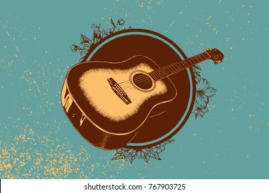 Classical acoustic guitar with round flower frame. Isolated silhouette classic guitar. Vector illustration. For your poster design and business.