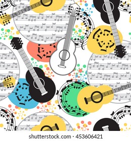 Classical acoustic guitar seamless pattern. Musical string instruments on white background. Vector Illustration.