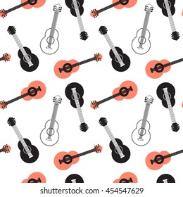 Classical acoustic guitar seamless pattern. Musical string instruments on white background. Vector Illustration.